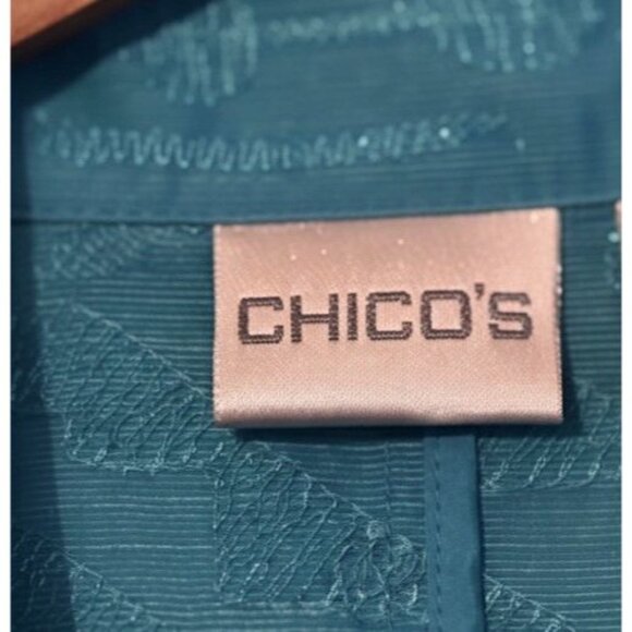Chicos Turquoise Silk Linen Blend Jacket w Geometric Pattern Sz 1 (Sz 8) Sheer - Picture 4 of 4